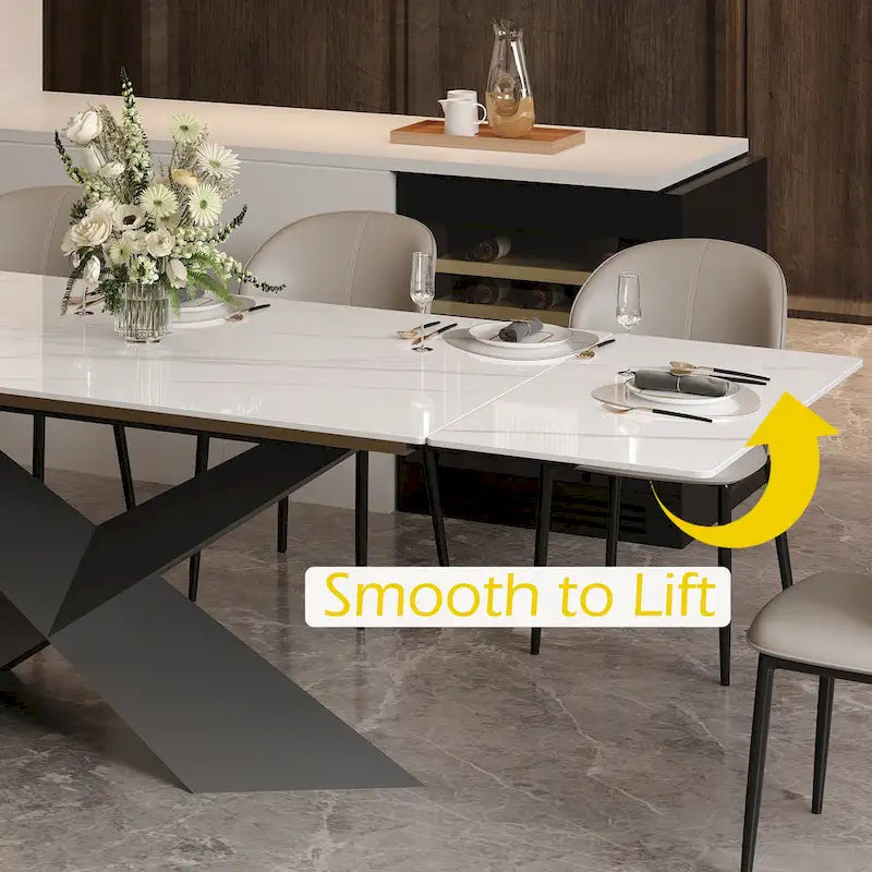 63-95Extendable Modern Dining Table for 4-10, White Glossy Sintered Stone Tabletop, black X-Shaped Steel Legs - 94.5