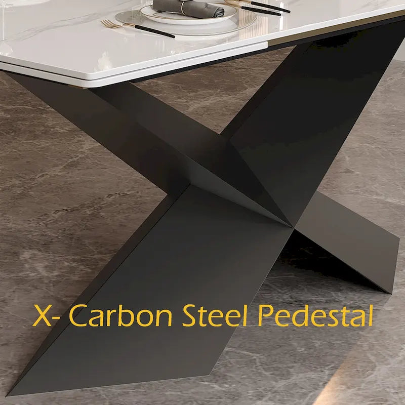 63-95Extendable Modern Dining Table for 4-10, White Glossy Sintered Stone Tabletop, black X-Shaped Steel Legs - 94.5