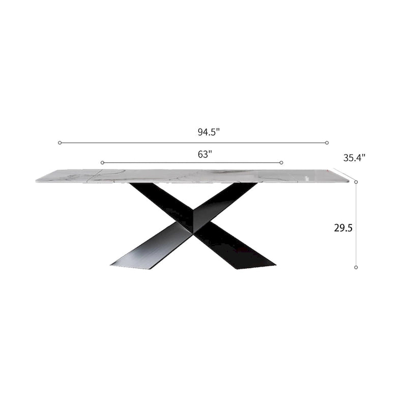 63-95Extendable Modern Dining Table for 4-10, White Glossy Sintered Stone Tabletop, black X-Shaped Steel Legs - 94.5