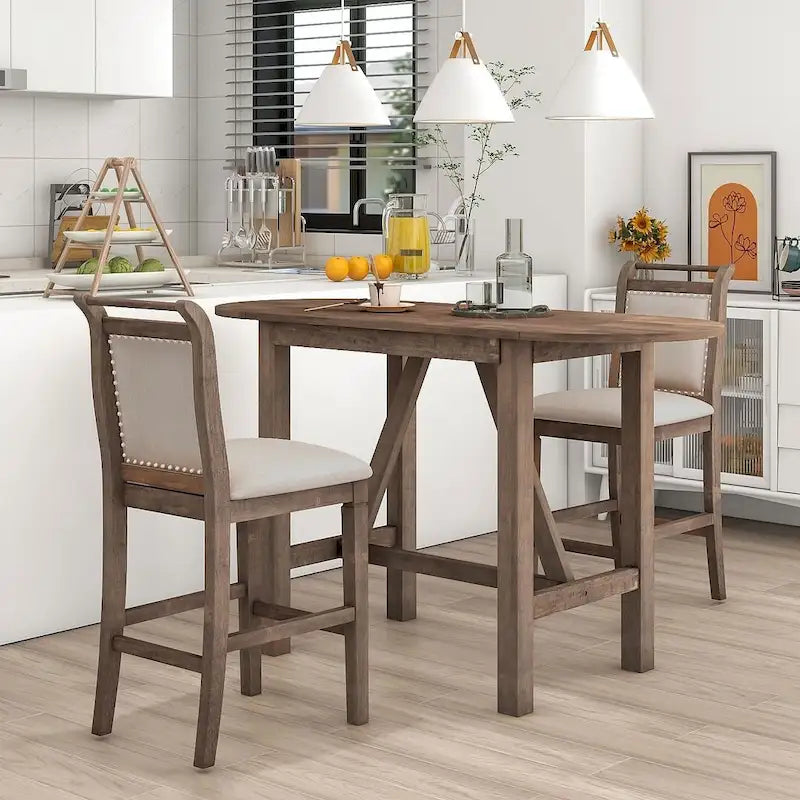 Set da pranzo a 3 pezzi in legno, altezza bancone, con tavolo a ribalta e 2 sedie imbottite