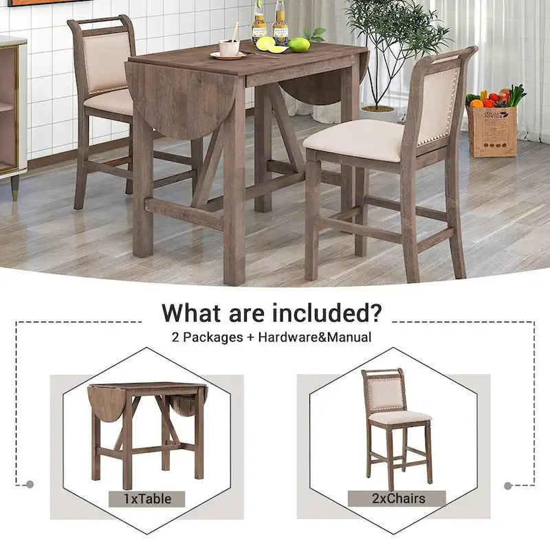 Set da pranzo a 3 pezzi in legno, altezza bancone, con tavolo a ribalta e 2 sedie imbottite