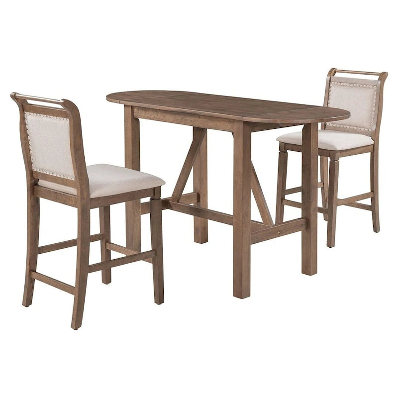 Set da pranzo a 3 pezzi in legno, altezza bancone, con tavolo a ribalta e 2 sedie imbottite