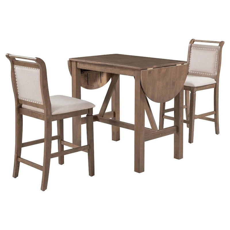 Set da pranzo a 3 pezzi in legno, altezza bancone, con tavolo a ribalta e 2 sedie imbottite
