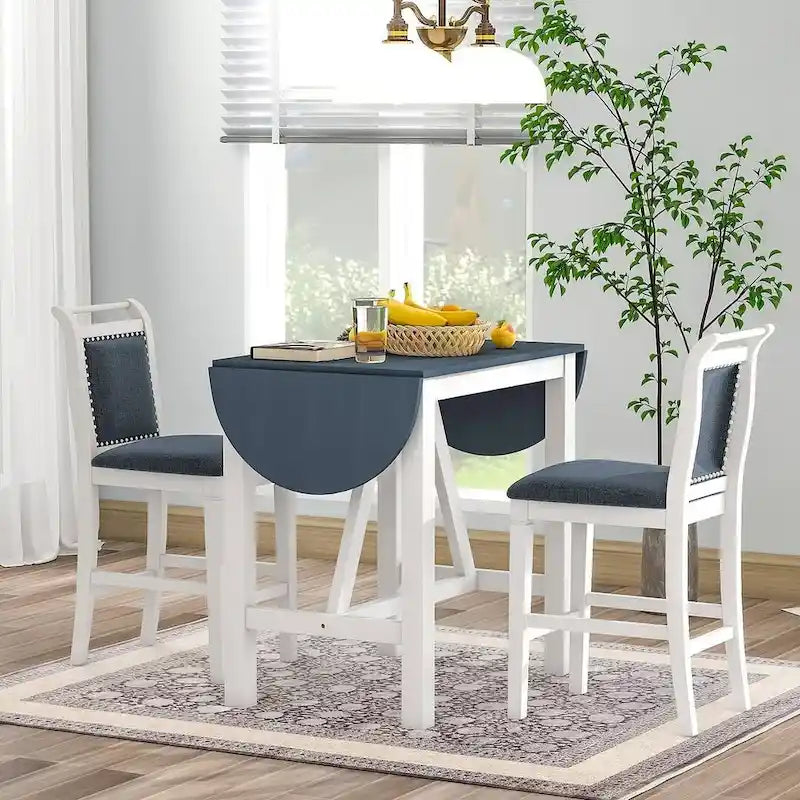 Set da pranzo a 3 pezzi in legno, altezza bancone, con tavolo a ribalta e 2 sedie imbottite