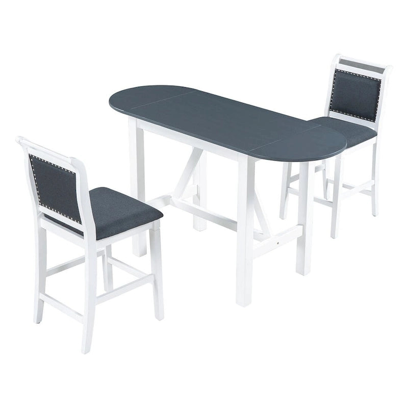 Set da pranzo a 3 pezzi in legno, altezza bancone, con tavolo a ribalta e 2 sedie imbottite