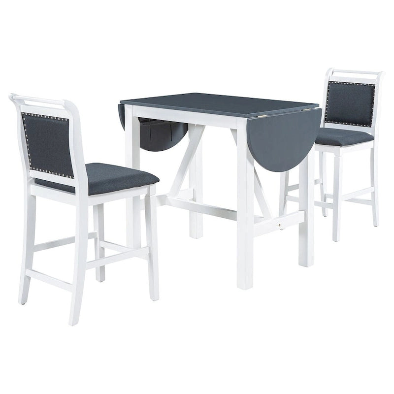 Set da pranzo a 3 pezzi in legno, altezza bancone, con tavolo a ribalta e 2 sedie imbottite