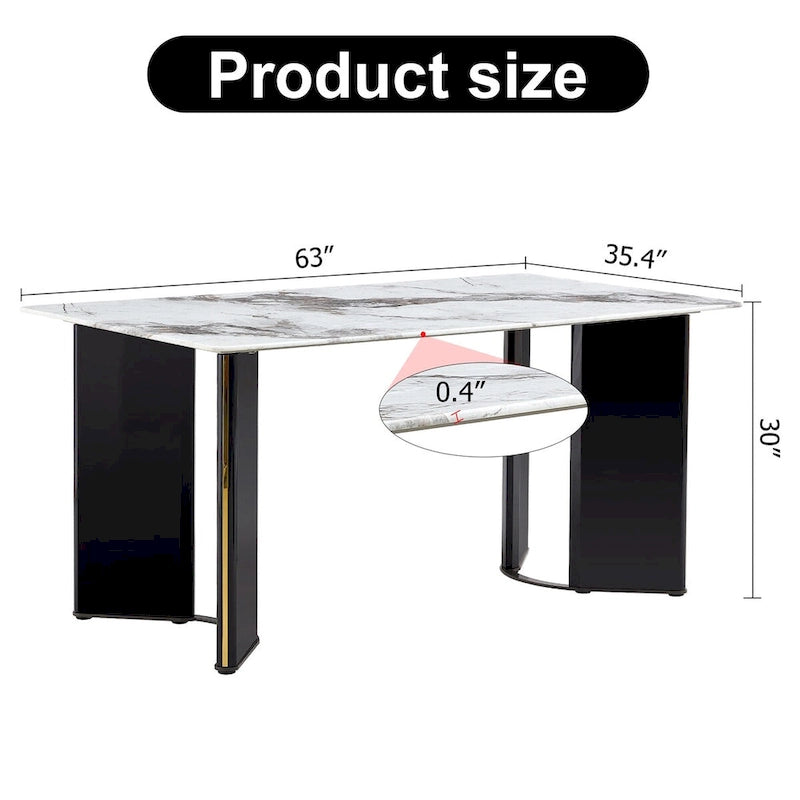 tavolo da pranzo rettangolare, piano in finto marmo bianco, gambe del tavolo in MDF con strisce decorative in metallo dorato