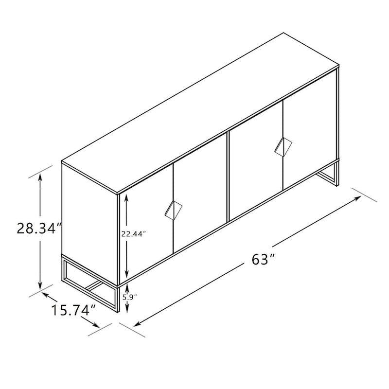 Credenza a 2 ante con maniglia quadrata in legno massiccio