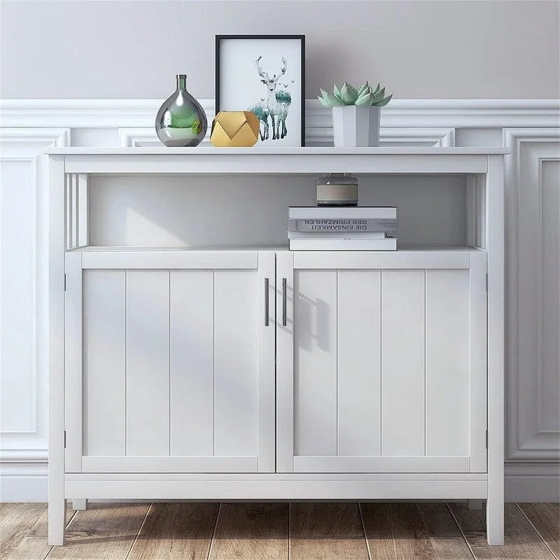 White Storage Cabinet with 2 Doors and Open Shelf