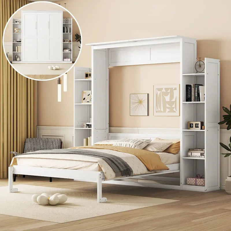 Nestfair Queen Size Murphy Bed Wall Bed with Shelves and LED Lights