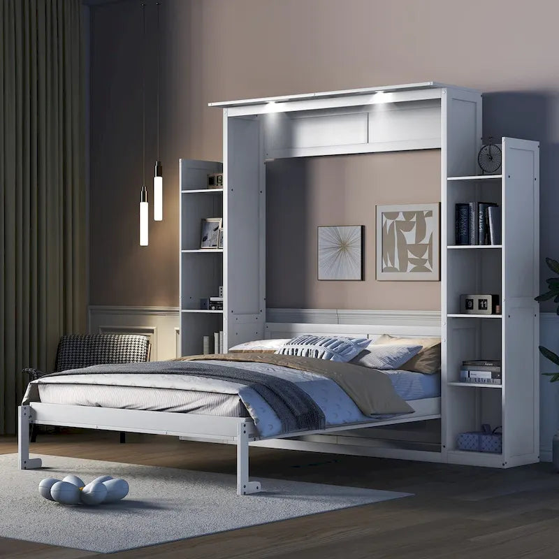 Nestfair Queen Size Murphy Bed Wall Bed with Shelves and LED Lights