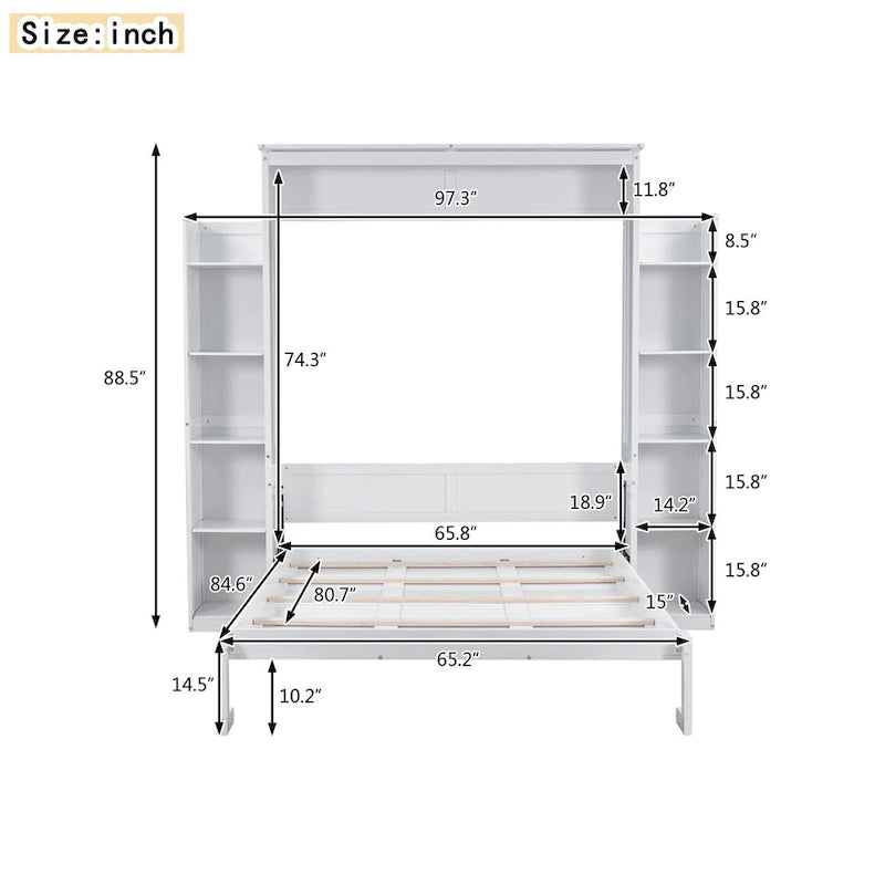 Nestfair Queen Size Murphy Bed Wall Bed with Shelves and LED Lights