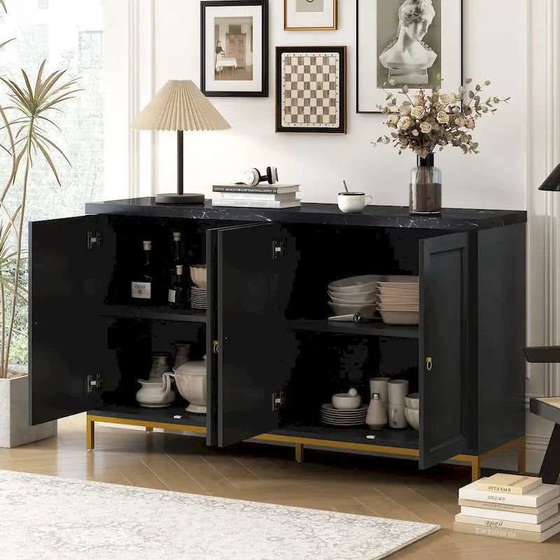 Black & Light Grey 4-Door Sideboard with Faux Marble Top - 59.3 Inch