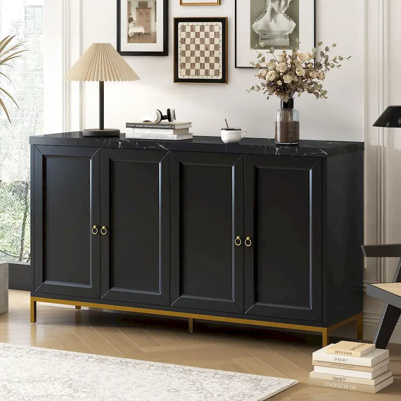 Black & Light Grey 4-Door Sideboard with Faux Marble Top - 59.3 Inch