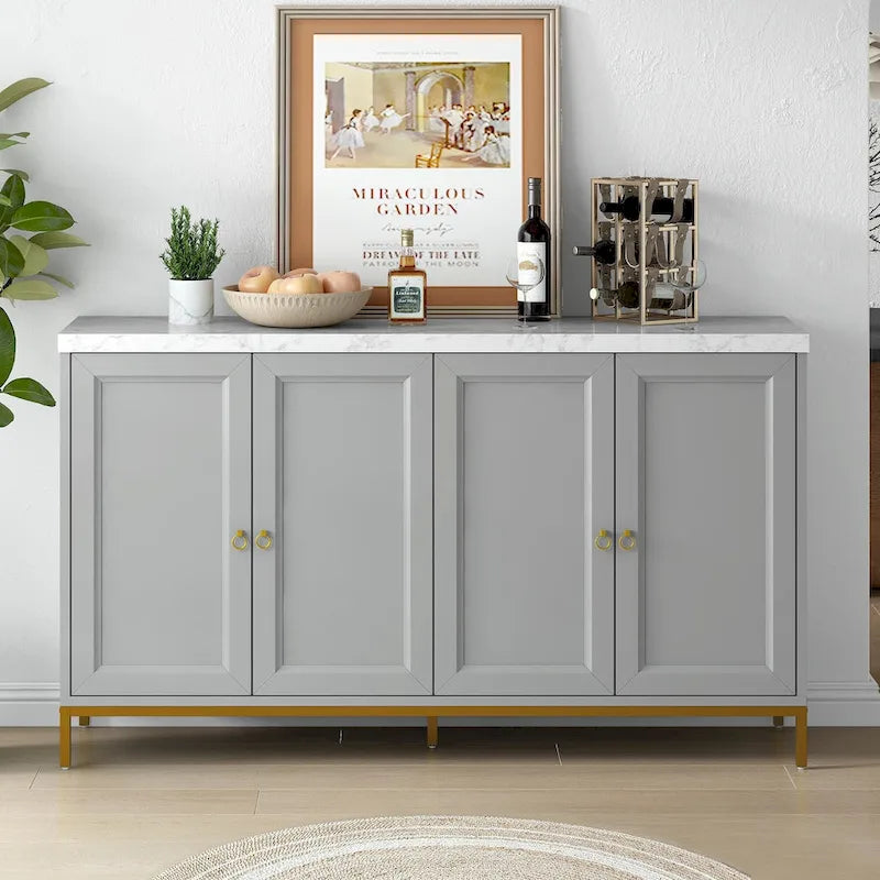 Black & Light Grey 4-Door Sideboard with Faux Marble Top - 59.3 Inch