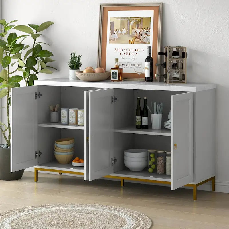 Black & Light Grey 4-Door Sideboard with Faux Marble Top - 59.3 Inch