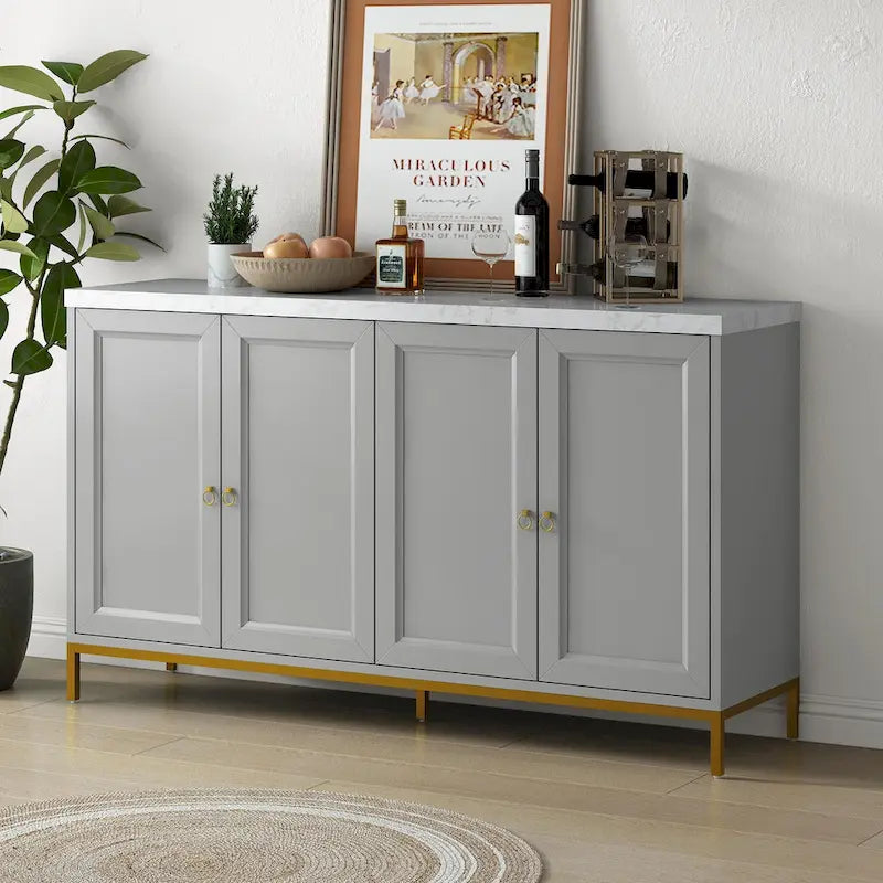 Black & Light Grey 4-Door Sideboard with Faux Marble Top - 59.3 Inch