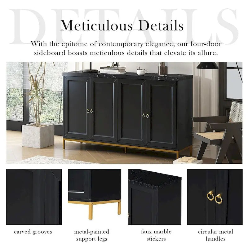 Black & Light Grey 4-Door Sideboard with Faux Marble Top - 59.3 Inch