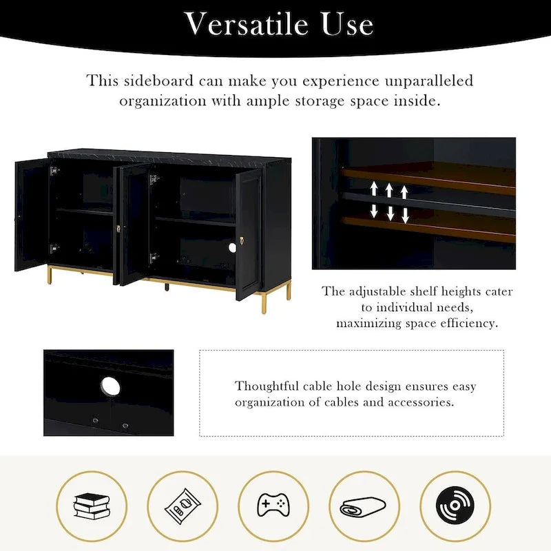 Black & Light Grey 4-Door Sideboard with Faux Marble Top - 59.3 Inch