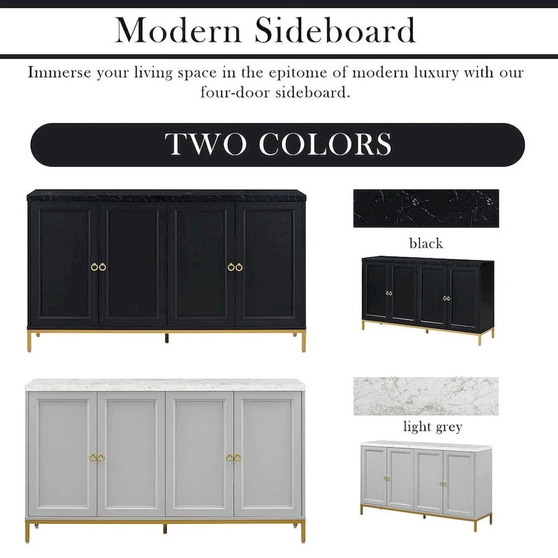Black & Light Grey 4-Door Sideboard with Faux Marble Top - 59.3 Inch