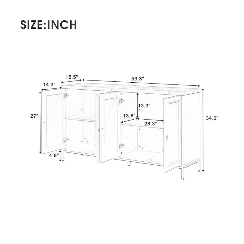 Black & Light Grey 4-Door Sideboard with Faux Marble Top - 59.3 Inch