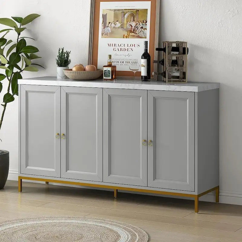 Black & Light Grey 4-Door Sideboard with Faux Marble Top - 59.3 Inch
