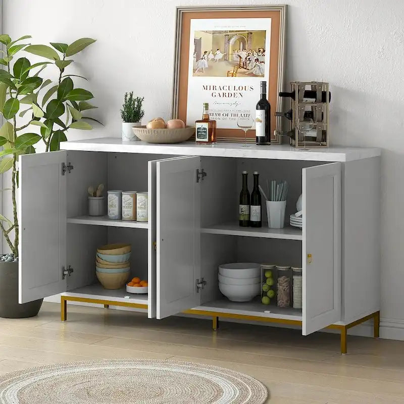 Black & Light Grey 4-Door Sideboard with Faux Marble Top - 59.3 Inch