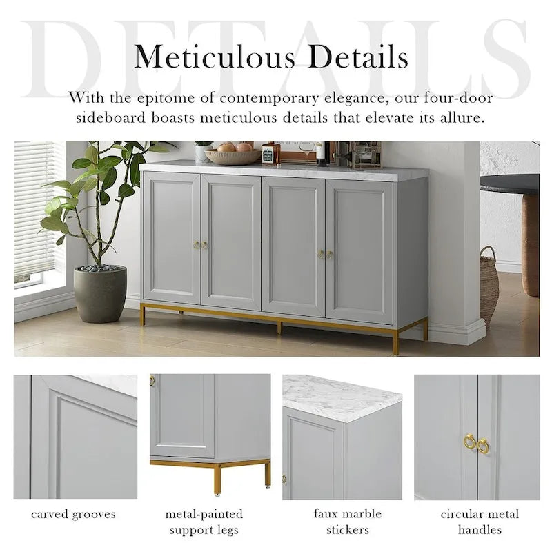 Black & Light Grey 4-Door Sideboard with Faux Marble Top - 59.3 Inch