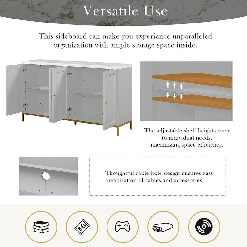 Black & Light Grey 4-Door Sideboard with Faux Marble Top - 59.3 Inch