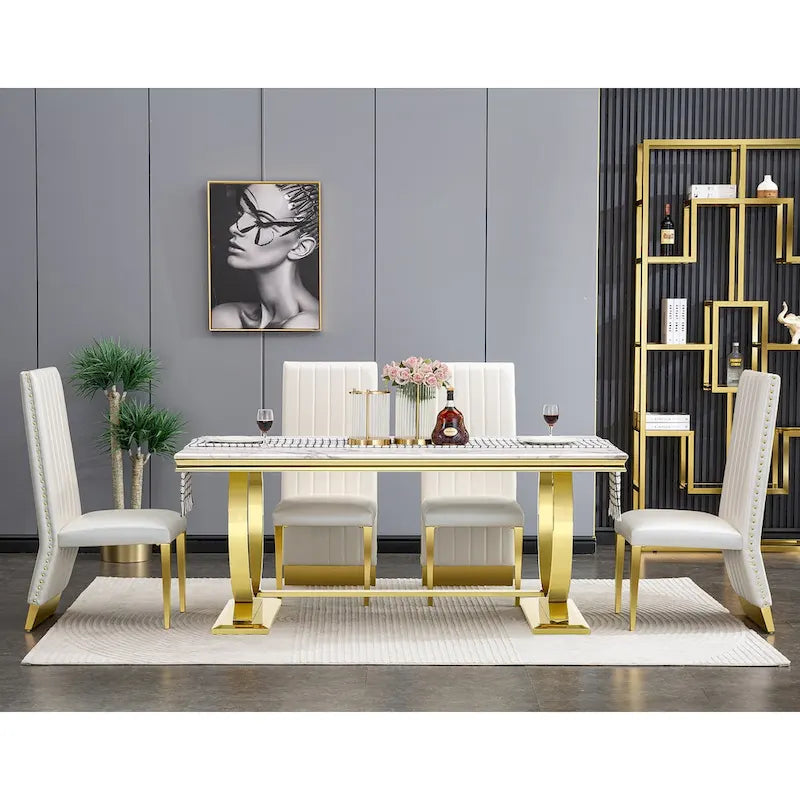 Brushed Gold Dining Table with 78 inch Glass Top and Tapered Barrel Base