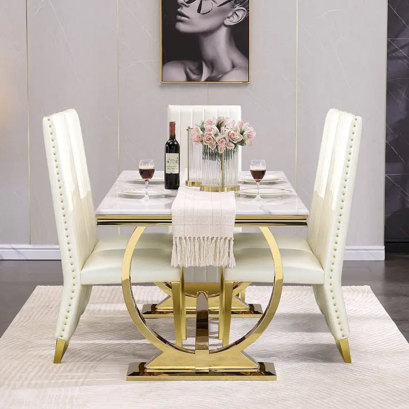 Brushed Gold Dining Table with 78 inch Glass Top and Tapered Barrel Base