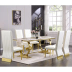Brushed Gold Dining Table with 78 inch Glass Top and Tapered Barrel Base