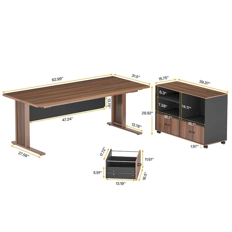 63 L Shaped Executive Computer Desk with Mobile File Storage Cabinet for Home Office Study