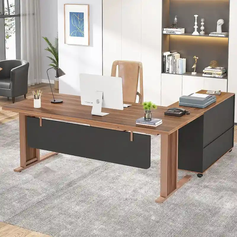 63 L Shaped Executive Computer Desk with Mobile File Storage Cabinet for Home Office Study