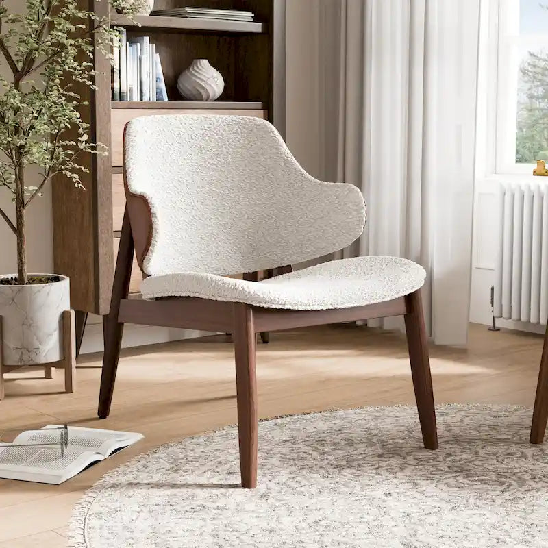 Poltrona accent Beck di Furniture of America, moderna di metà secolo, in tessuto Bouclé, con schienale ad ali e gambe in noce