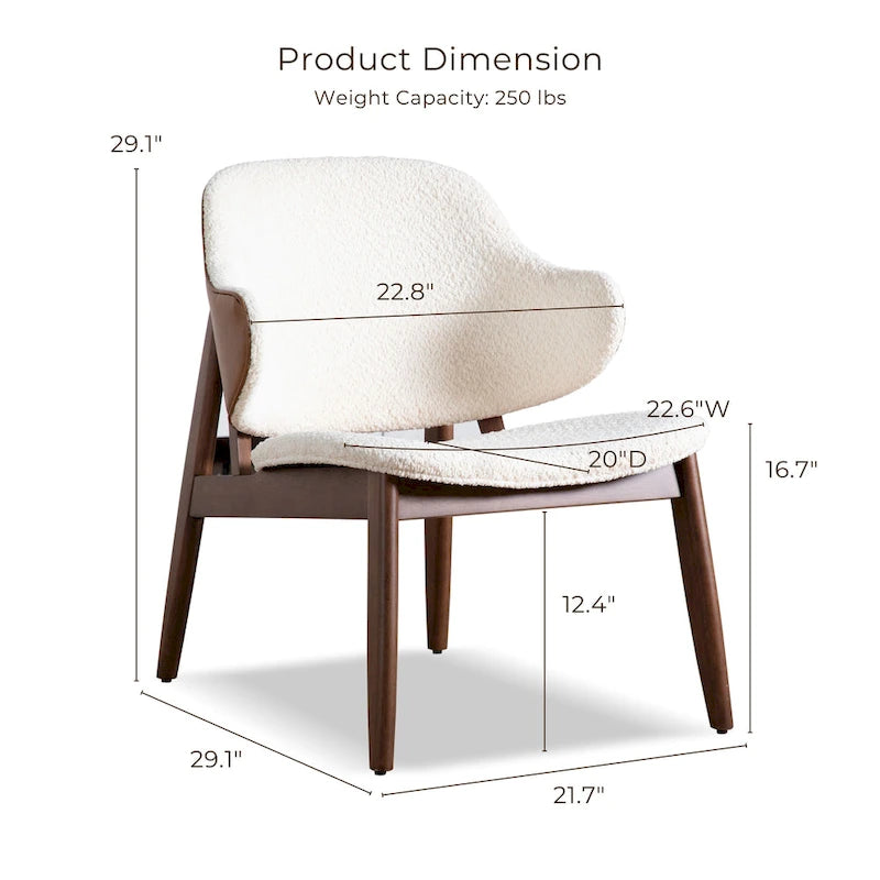 Poltrona accent Beck di Furniture of America, moderna di metà secolo, in tessuto Bouclé, con schienale ad ali e gambe in noce