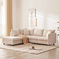 Divano angolare moderno a L con strisce verticali, 2 cuscini, pouf, varie combinazioni, beige