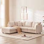 Divano angolare moderno a L con strisce verticali, 2 cuscini, pouf, varie combinazioni, beige