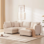 Divano angolare moderno a L con strisce verticali, 2 cuscini, pouf, varie combinazioni, beige
