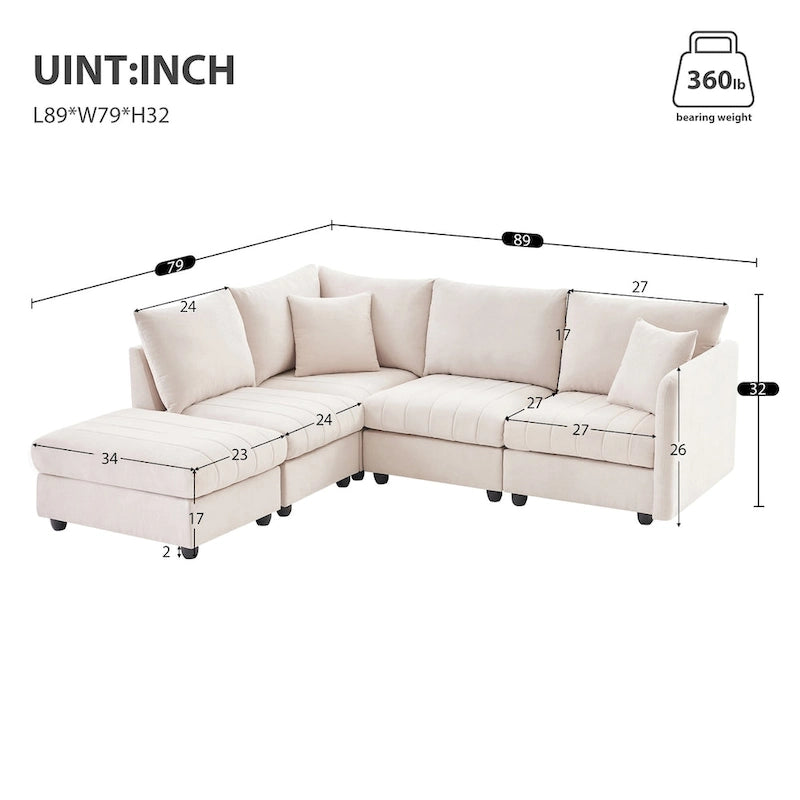 Divano angolare moderno a L con strisce verticali, 2 cuscini, pouf, varie combinazioni, beige