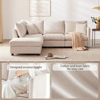 Divano angolare moderno a L con strisce verticali, 2 cuscini, pouf, varie combinazioni, beige