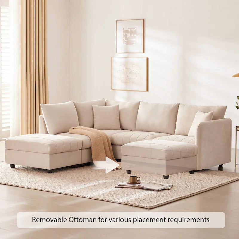 Divano angolare moderno a L con strisce verticali, 2 cuscini, pouf, varie combinazioni, beige