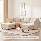 Divano angolare moderno a L con strisce verticali, 2 cuscini, pouf, varie combinazioni, beige