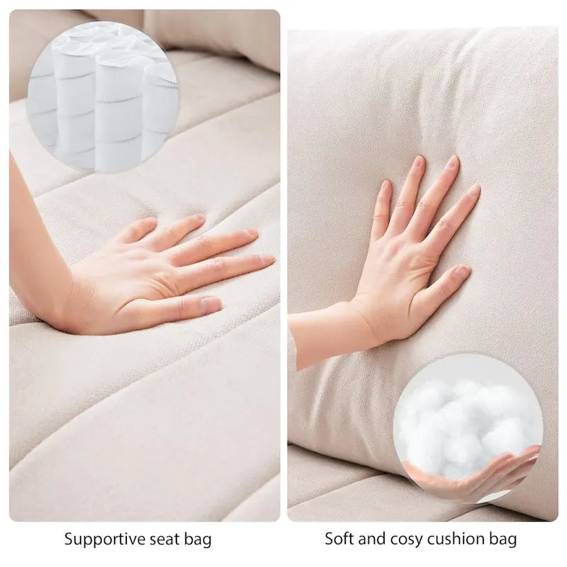 Divano angolare moderno a L con strisce verticali, 2 cuscini, pouf, varie combinazioni, beige