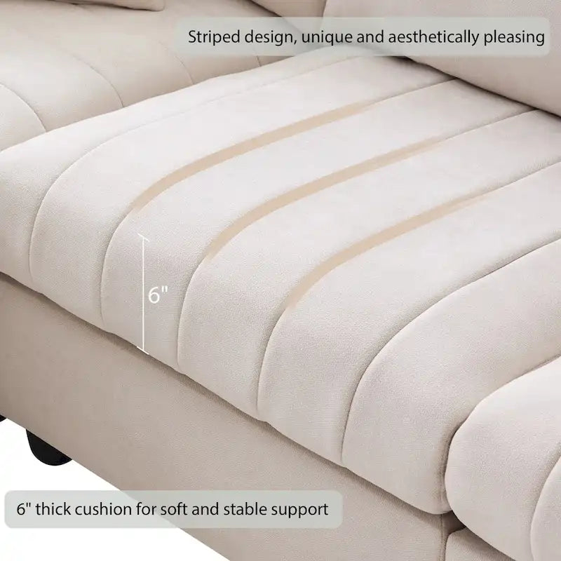 Divano angolare moderno a L con strisce verticali, 2 cuscini, pouf, varie combinazioni, beige