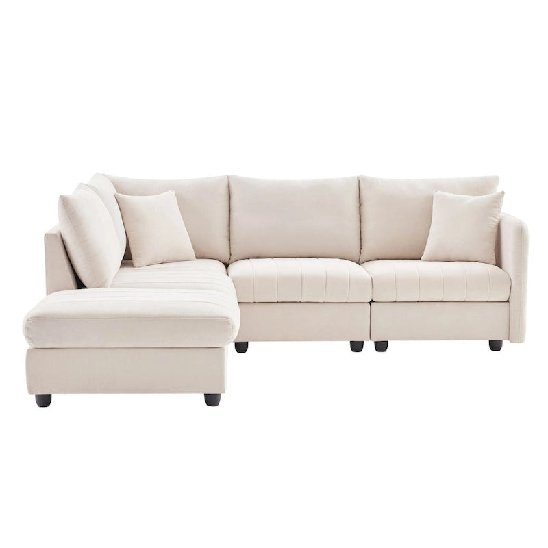 Divano angolare moderno a L con strisce verticali, 2 cuscini, pouf, varie combinazioni, beige