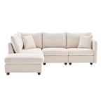Divano angolare moderno a L con strisce verticali, 2 cuscini, pouf, varie combinazioni, beige