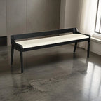 Kee 60 Inch Dining Bench, Black Rubberwood Frame, Low Back, Cushioned Seat