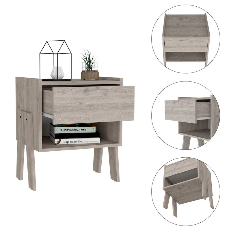 Nightstand Ferku,Open Shelf,One Drawer,Light Gray Finishfor Living Room,and Dining Room