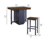 5 Piece Counter Height Dining Table Set, 4 Stools, Antique Oak, Blue Wood